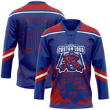 Custom Royal Red-White Dallas TX City Skyline State Pride Paint Splatter Lace Neck Hockey Jersey