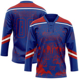 Custom Royal Red-White Dallas TX City Skyline State Pride Paint Splatter Lace Neck Hockey Jersey