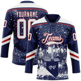 Custom Navy White-Red Las Vegas NV City Skyline State Pride Paint Splatter Lace Neck Hockey Jersey