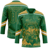 Custom Kelly Green Old Gold-White San Antonio TX City Skyline State Pride Paint Splatter Lace Neck Hockey Jersey