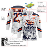 Custom White Navy-Orange San Antonio TX City Skyline State Pride Paint Splatter Lace Neck Hockey Jersey