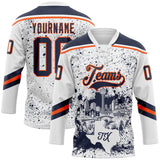 Custom White Navy-Orange San Antonio TX City Skyline State Pride Paint Splatter Lace Neck Hockey Jersey