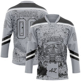 Custom Gray Black-White Phoenix AZ City Skyline State Pride Paint Splatter Lace Neck Hockey Jersey