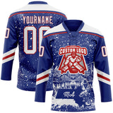 Custom Royal White-Red Boston MA City Skyline State Pride Paint Splatter Lace Neck Hockey Jersey