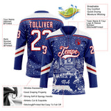 Custom Royal White-Red Boston MA City Skyline State Pride Paint Splatter Lace Neck Hockey Jersey