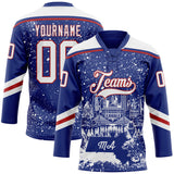 Custom Royal White-Red Boston MA City Skyline State Pride Paint Splatter Lace Neck Hockey Jersey