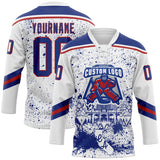 Custom White Royal-Red Sacramento CA City Skyline State Pride Paint Splatter Lace Neck Hockey Jersey