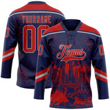 Custom Navy Red-Gray Chicago IL City Skyline State Pride Paint Splatter Lace Neck Hockey Jersey