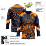Custom Navy Bay Orange-White Houston TX City Skyline State Pride Paint Splatter Lace Neck Hockey Jersey