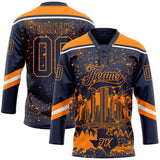 Custom Navy Bay Orange-White Houston TX City Skyline State Pride Paint Splatter Lace Neck Hockey Jersey
