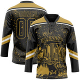 Custom Black Old Gold-White Atlanta GA City Skyline State Pride Paint Splatter Lace Neck Hockey Jersey