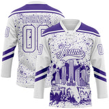 Custom White-Purple Miami FL City Skyline State Pride Paint Splatter Lace Neck Hockey Jersey