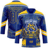 Custom Royal Yellow-White Denver CO City Skyline State Pride Paint Splatter Lace Neck Hockey Jersey