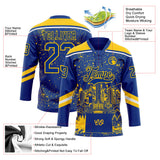 Custom Royal Yellow-White Denver CO City Skyline State Pride Paint Splatter Lace Neck Hockey Jersey