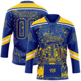 Custom Royal Yellow-White Denver CO City Skyline State Pride Paint Splatter Lace Neck Hockey Jersey