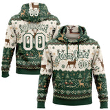 Custom Green-White Christmas Retro Reindeer Pullover Sweatshirt Hoodie