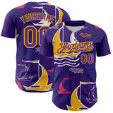 Custom Purple Gold 3D Pattern Design Sailing Boats Authentic Baseball Jersey