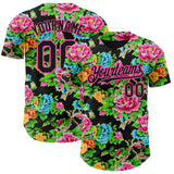 Custom Black Pink 3D Pattern Design Northeast China Big Flower Authentic Baseball Jersey