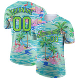 Custom Lakes Blue Neon Green-Navy 3D Pattern Design Beach Hawaii Palm Trees And Flamingo Performance T-Shirt