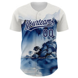 Custom White Navy 3D Pattern Design Abstract Watercolor Mountains Authentic Baseball Jersey