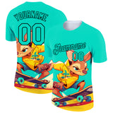 Custom Aqua Black 3D Pattern Design Extreme Sport Cartoon Animal Kangaroo Skateboarding Performance T-Shirt