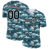 Custom Teal Black-White 3D Pattern Design Sailing Ship Columbus Day Performance T-Shirt