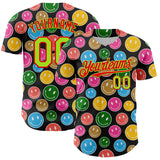 Custom Black Neon Green-Fire Red 3D Pattern Design Funny Cartoon Emoji Smile Face Authentic Baseball Jersey