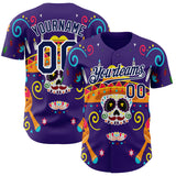 Custom Purple Navy-White 3D Mexican Festival Flower Skull With Sombrero Cinco de Mayo Authentic Baseball Jersey