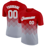 Custom Red Gray-White 3D Pattern Design Gradient Square Shapes Performance T-Shirt