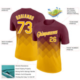 Custom Burgundy Gold-White 3D Pattern Design Gradient Square Shapes Performance T-Shirt