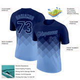 Custom Navy Light Blue 3D Pattern Design Gradient Square Shapes Performance T-Shirt