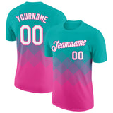 Custom Aqua White-Pink 3D Pattern Design Gradient Square Shapes Performance T-Shirt