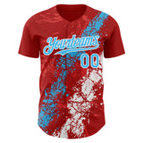 Custom Red Sky Blue-White 3D Pattern Design Splash Authentic Baseball Jersey