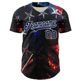 Custom Blue Navy-White 3D Pattern Design Outer Space Light Swords American Flag Authentic Baseball Jersey