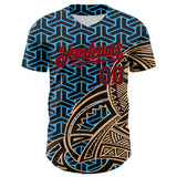 Custom Black Sky Blue Old Gold-Fire Red 3D Polynesian Style Islander Authentic Baseball Jersey