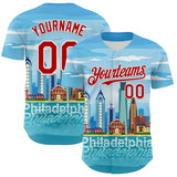 Custom Blue Red-White 3D Pattern Design Philadelphia Cityscape Skyline Authentic Baseball Jersey