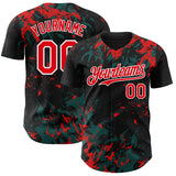 Custom Black Fire Red Midnight Green-White 3D Pattern Design Splash Authentic Baseball Jersey