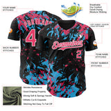Custom Black Neon Pink Sky Blue-White 3D Pattern Design Splash Authentic Baseball Jersey