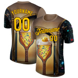 Custom Brown Yellow-Black 3D Funny Pickleball Paddles Balls Guitar Performance T-Shirt