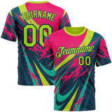 Custom Pink Neon Green-Navy 3D Pattern Design Splash Sport Wear Performance T-Shirt