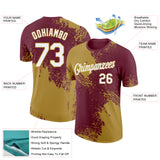 Custom Burgundy White-Old Gold 3D Pattern Design Abstract Brush Stroke Performance T-Shirt