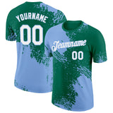 Custom Kelly Green White-Light Blue 3D Pattern Design Abstract Brush Stroke Performance T-Shirt