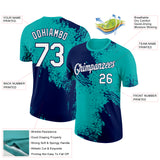 Custom Aqua White-Navy 3D Pattern Design Abstract Brush Stroke Performance T-Shirt