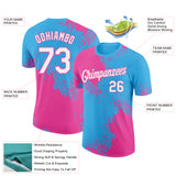 Custom Sky Blue White-Pink 3D Pattern Design Abstract Brush Stroke Performance T-Shirt