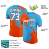 Custom Sky Blue White-Orange 3D Pattern Design Abstract Brush Stroke Performance T-Shirt