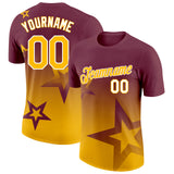 Custom Burgundy Gold-White 3D Pattern Design Gradient Style Twinkle Star Performance T-Shirt
