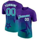Custom Purple Teal-White 3D Pattern Design Gradient Style Twinkle Star Performance T-Shirt