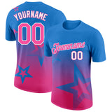 Custom Powder Blue Pink-White 3D Pattern Design Gradient Style Twinkle Star Performance T-Shirt