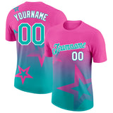 Custom Pink Aqua-White 3D Pattern Design Gradient Style Twinkle Star Performance T-Shirt