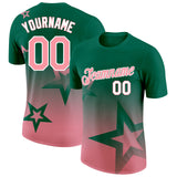 Custom Kelly Green Medium Pink-White 3D Pattern Design Gradient Style Twinkle Star Performance T-Shirt